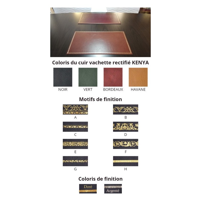 Sous-main cuir de bureau KENYA sur mesure, vachette rectifié, gros grain et dorure